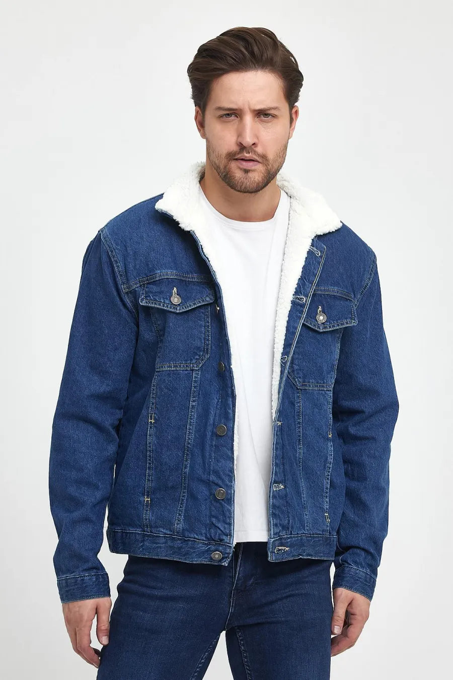 Men's Cotton Polo Collar Denim Jacket with Fur Lining