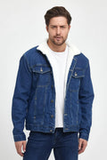 Men's Cotton Polo Collar Denim Jacket with Fur Lining