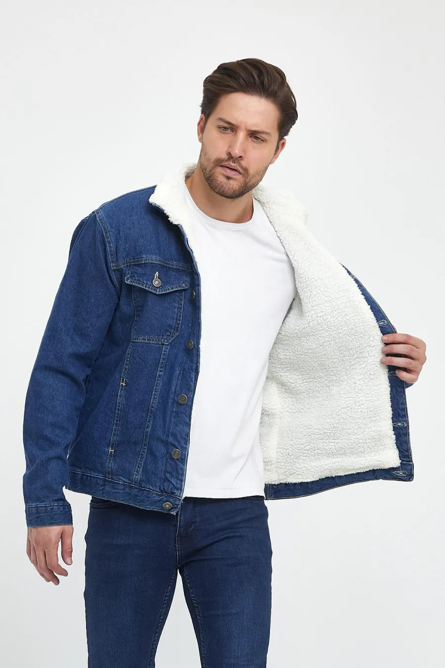 Men's Cotton Polo Collar Denim Jacket with Fur Lining