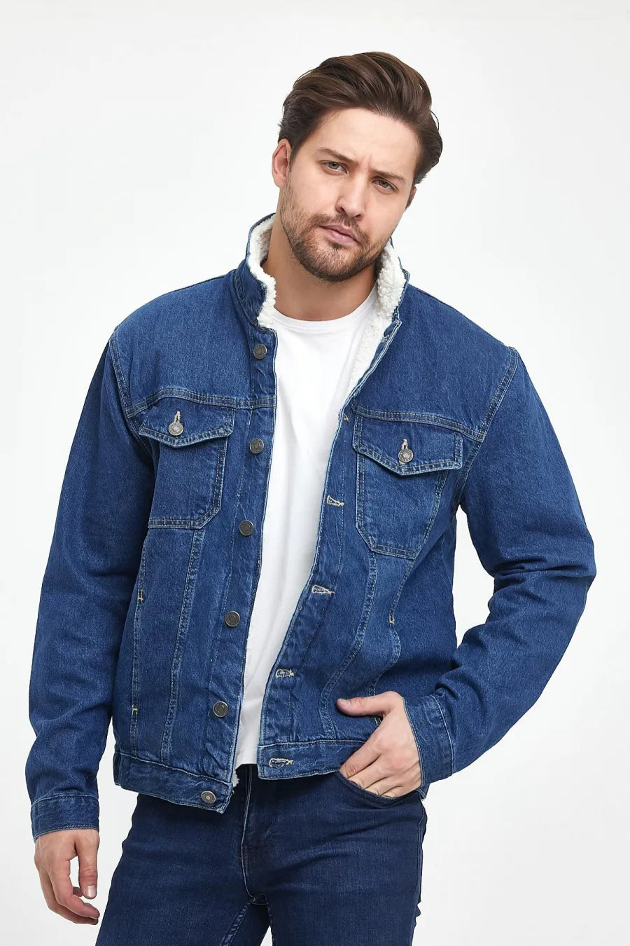 Men's Cotton Polo Collar Denim Jacket with Fur Lining