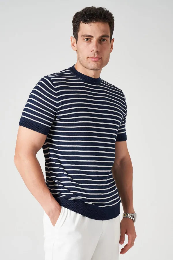 Navy Striped Knit Crew Neck T-Shirt