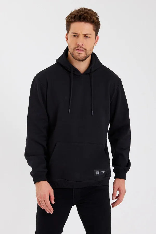 Black Hooded Cotton Sweatshirt – Men's Kangaroo Pocket
