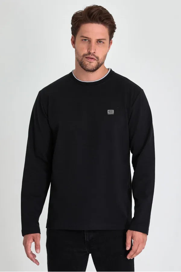 Black Print Double Crew Neck Sweatshirt – Men's Relaxed Fit