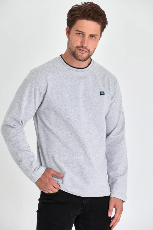 Grey Print Double Crew Neck Sweatshirt – Men's Relaxed Fit