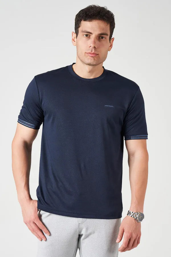 Navy Striped Collar Crew Neck T-Shirt – Men's Paperback Fabric