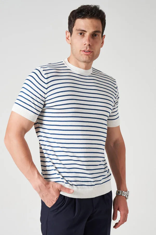 Striped Knit Crew Neck T-Shirt – Men's Off-White