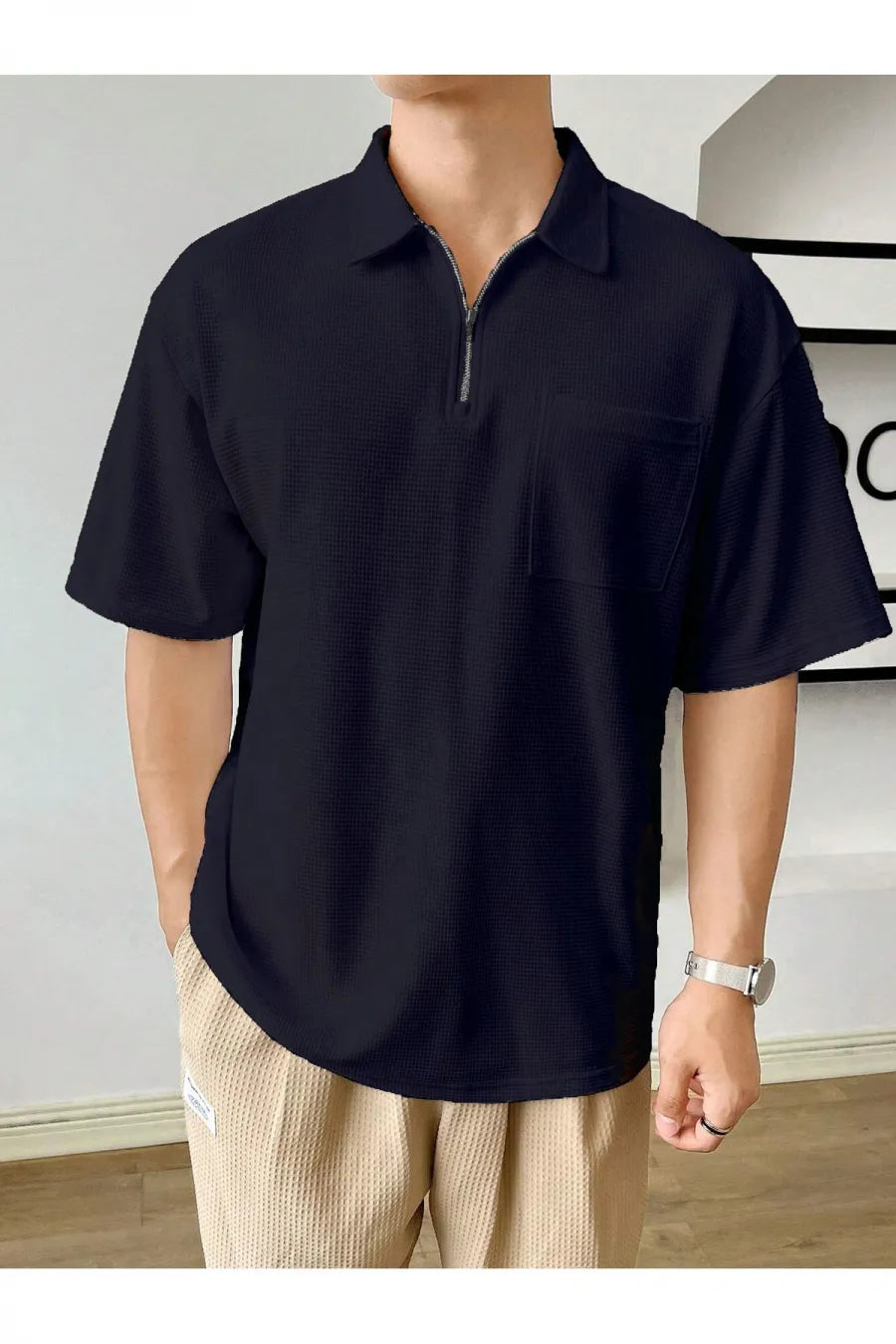 Men's Oversize Waffle Polo Zip Tee