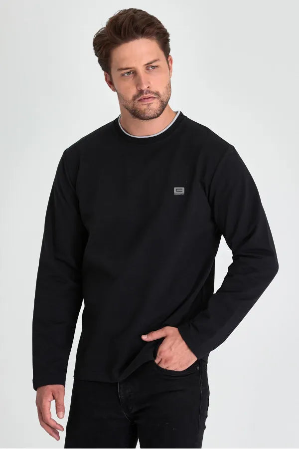 Black Print Double Crew Neck Sweatshirt – Men's Relaxed Fit
