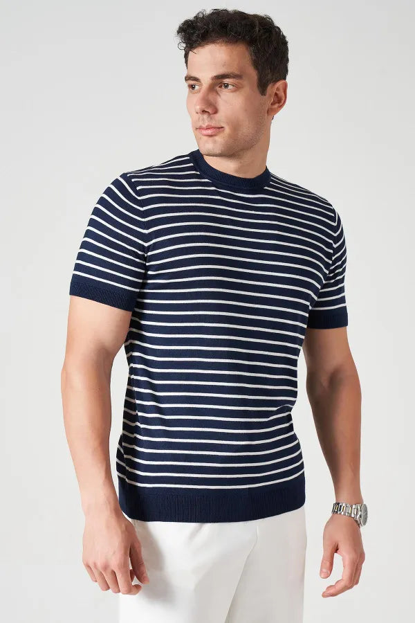 Navy Striped Knit Crew Neck T-Shirt