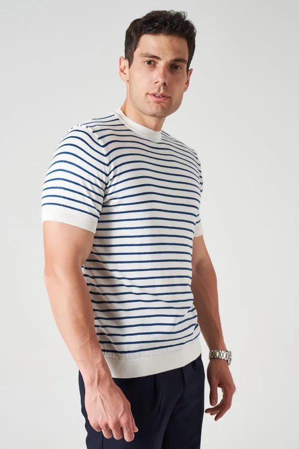 Striped Knit Crew Neck T-Shirt – Men's Off-White