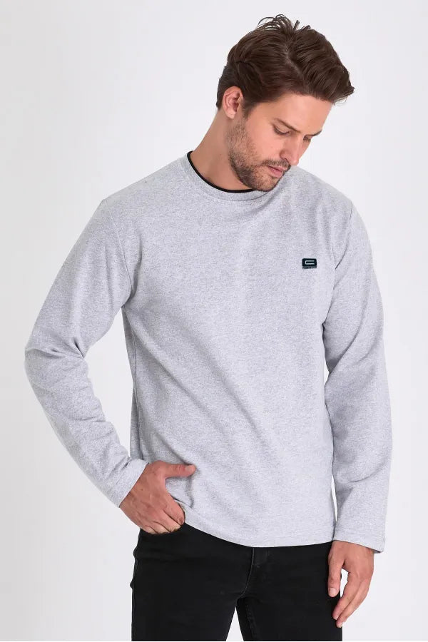 Grey Print Double Crew Neck Sweatshirt – Men's Relaxed Fit