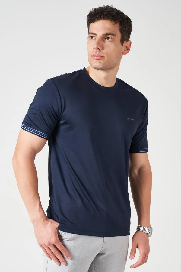 Navy Striped Collar Crew Neck T-Shirt – Men's Paperback Fabric