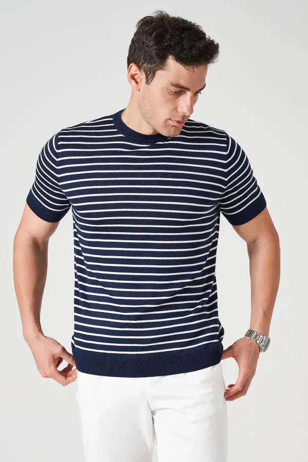 Navy Striped Knit Crew Neck T-Shirt