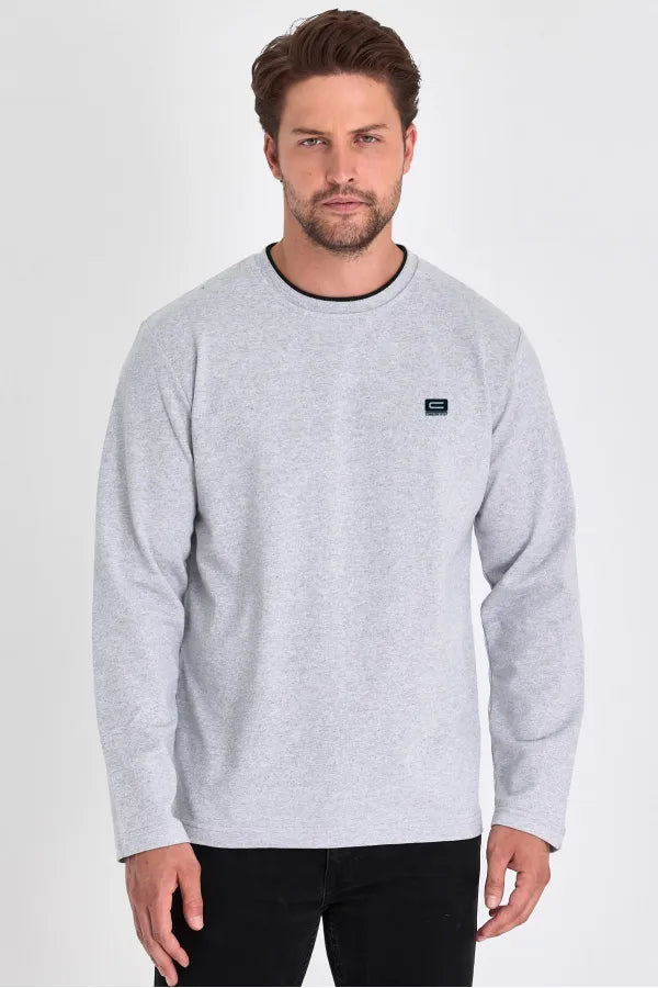 Grey Print Double Crew Neck Sweatshirt – Men's Relaxed Fit