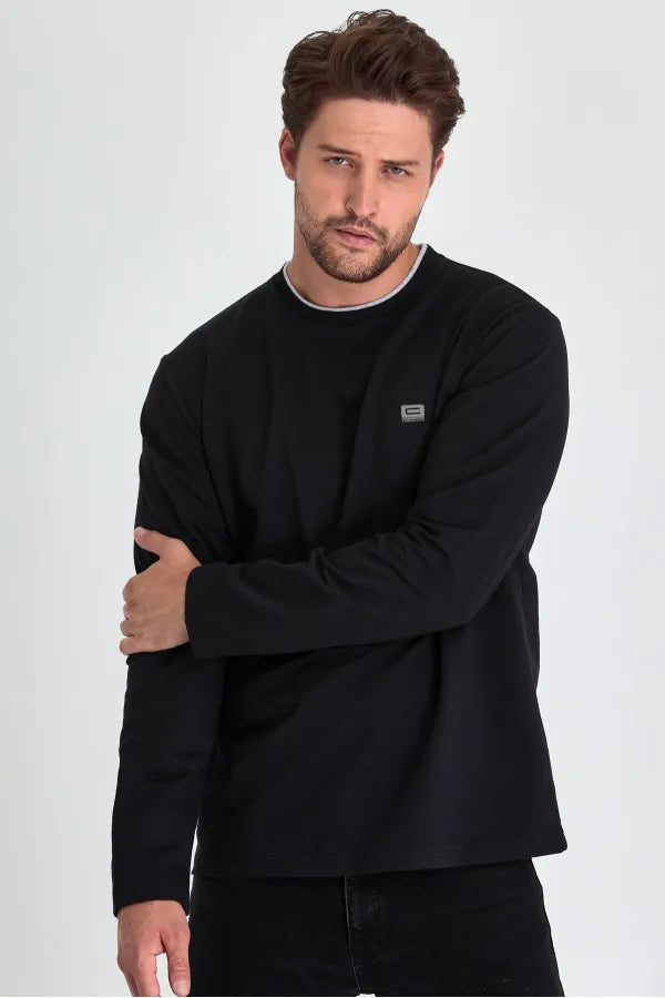 Black Print Double Crew Neck Sweatshirt – Men's Relaxed Fit