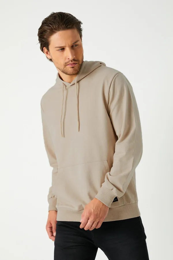 Metallic Beige Hooded Sweatshirt – Men's Kangaroo Pocket