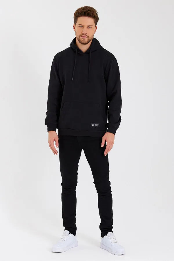 Black Hooded Cotton Sweatshirt – Men's Kangaroo Pocket