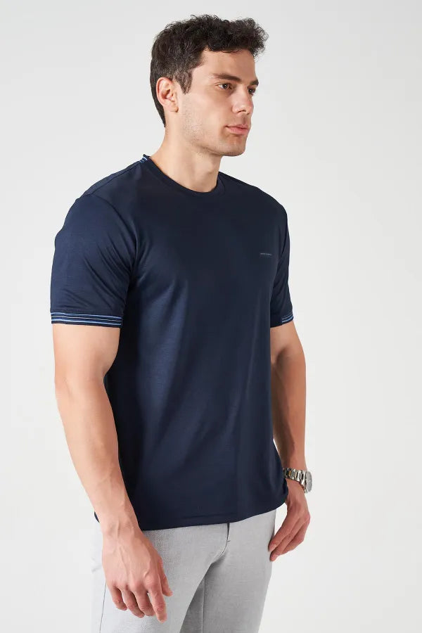 Navy Striped Collar Crew Neck T-Shirt – Men's Paperback Fabric