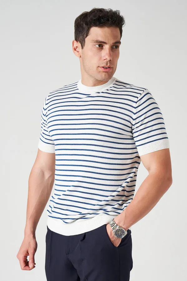 Striped Knit Crew Neck T-Shirt – Men's Off-White
