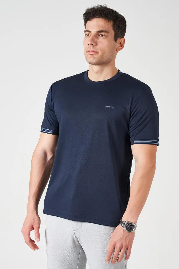Navy Striped Collar Crew Neck T-Shirt – Men's Paperback Fabric