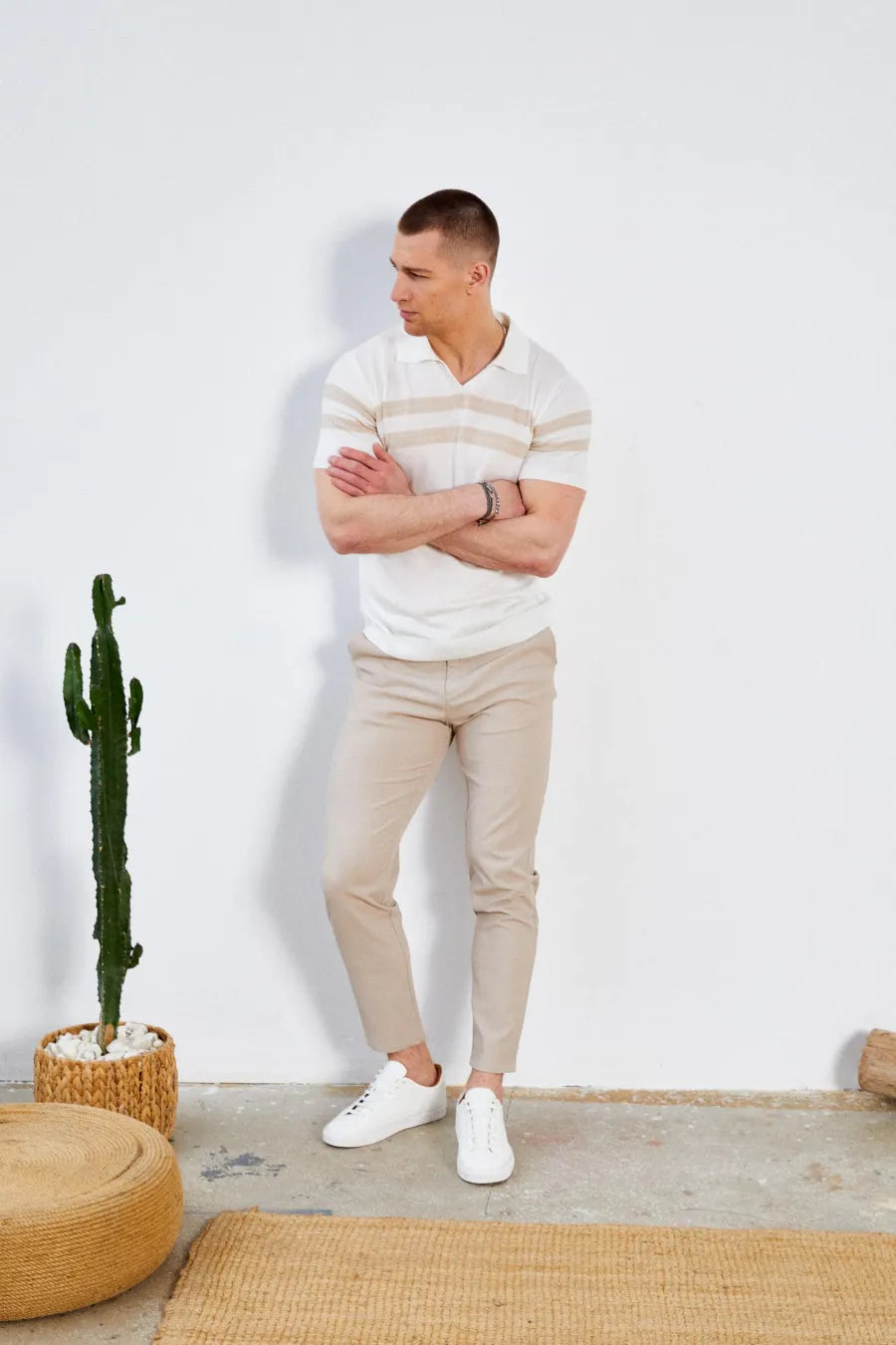 Men's Off-White V-Neck Knit Tee – Chest & Sleeve Stripes